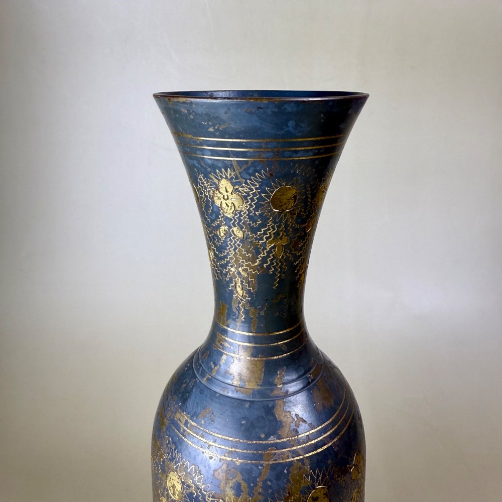 Vintage Brass Vase | Hand-Etched Floral Design | 11.75" Tall - Picture 7 of 10